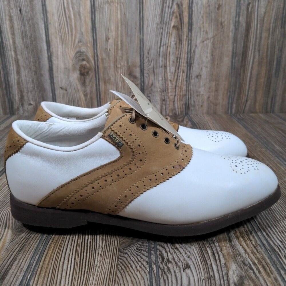 Mizuno Women Metal Cleat Golf Shoes White Brown Saddle Classic Sz 8 Waterproof‎